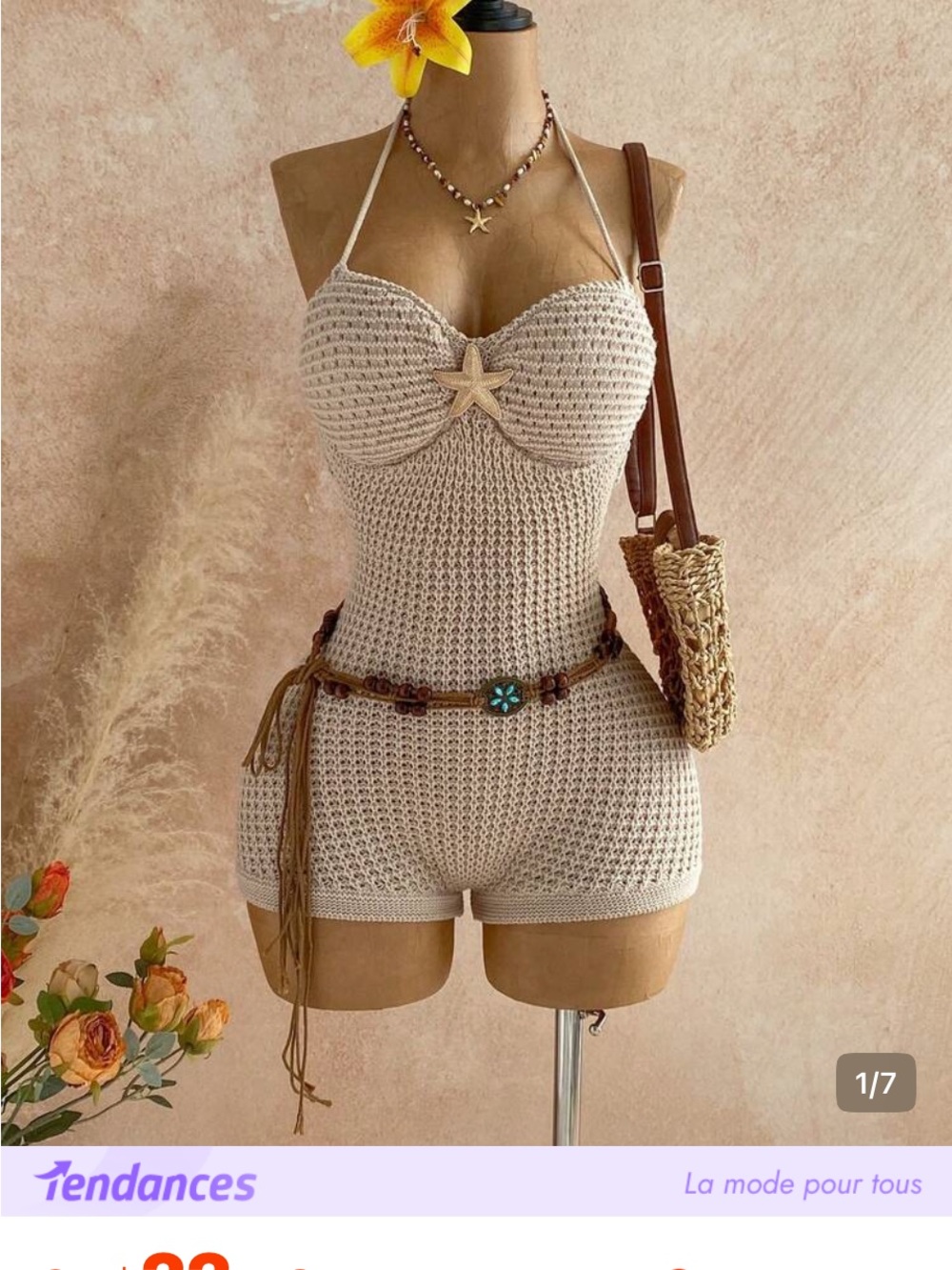 SHEIN Beige Crochet Halter Bodysuit Romper